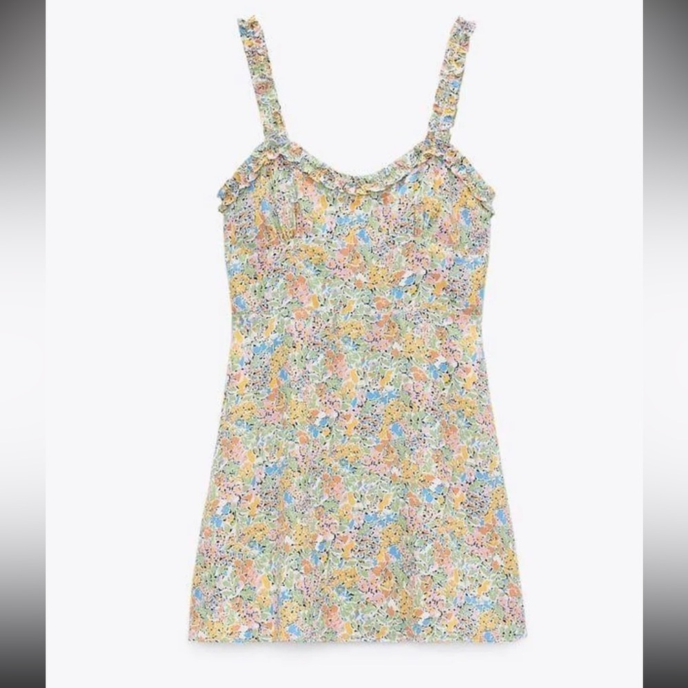 Zara Floral Mini Dress Sweetheart Neck Ruffle Strap Smocked Sundress Multi XXL - Picture 5 of 10